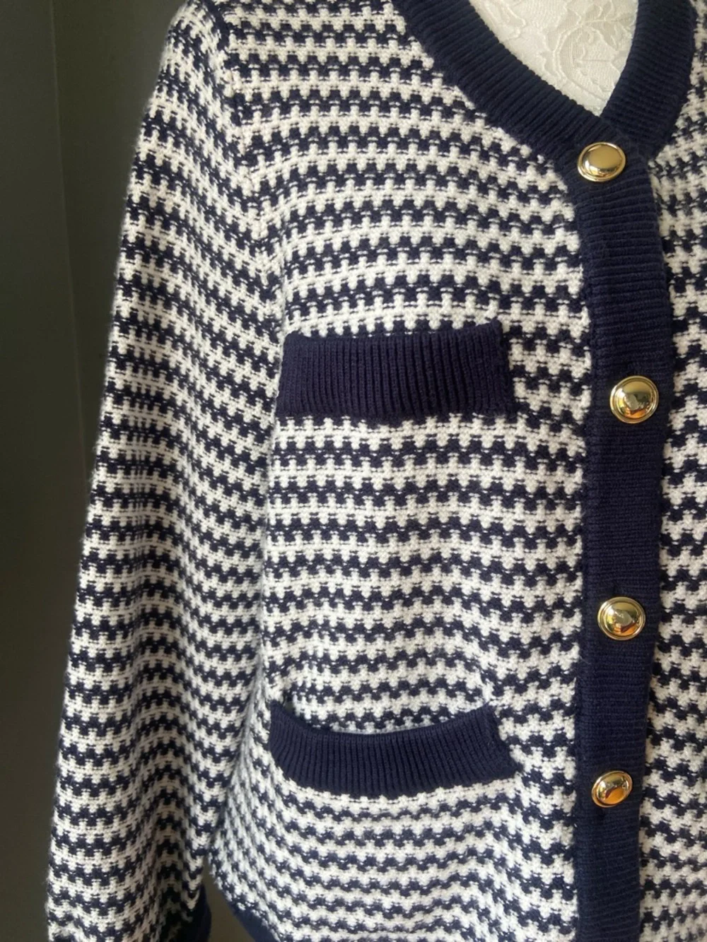 Free Assembly Navy & White Knit Button-Front Cardigan Sweater - Picture 3 of 6